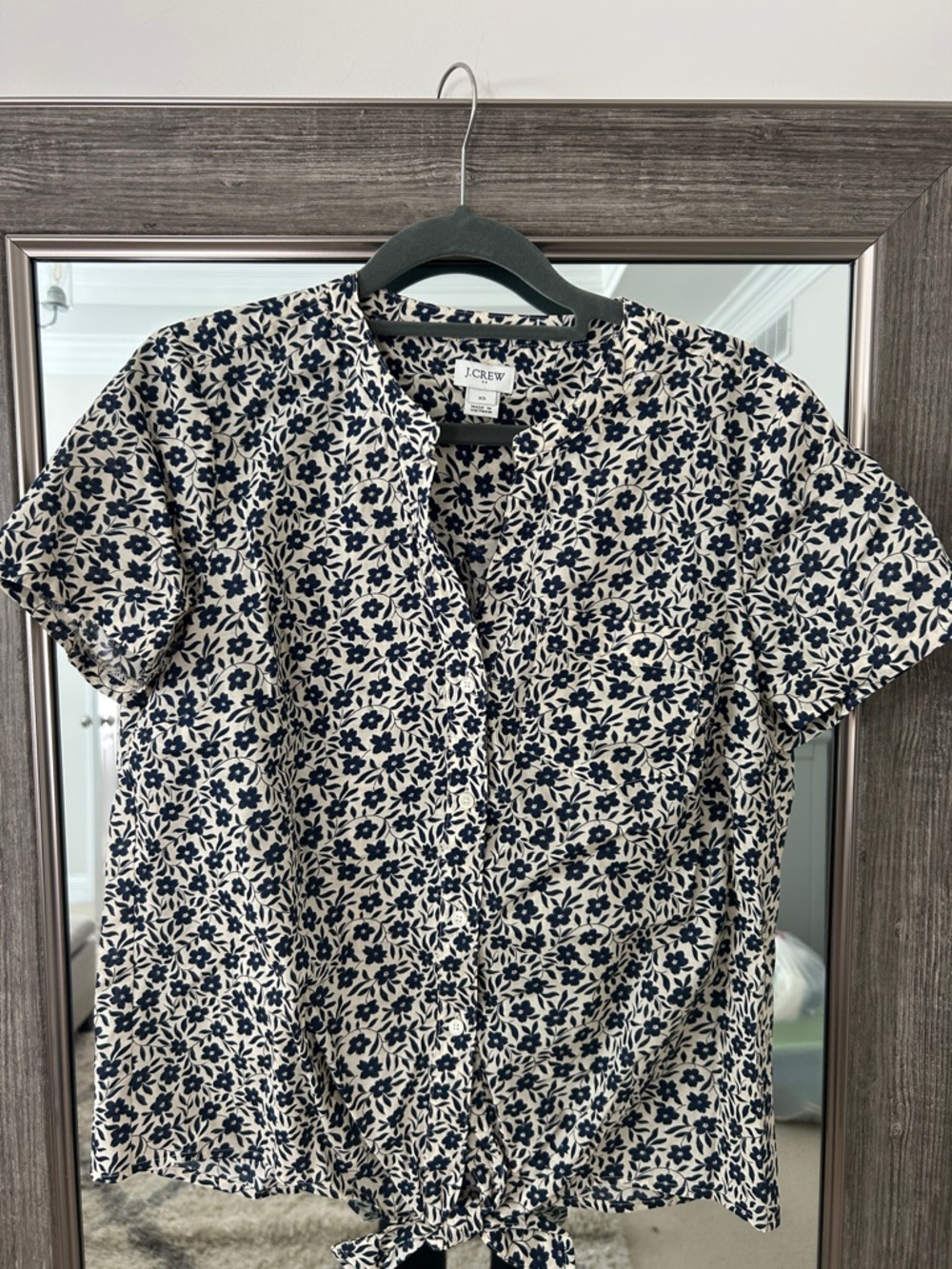 J. Crew Navy and White Floral Button-Front Tie-Hem Shirt